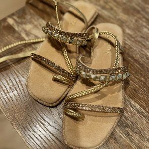 SCHUTZ Strap Sandal Flat Size 6.5 Gold and Gem